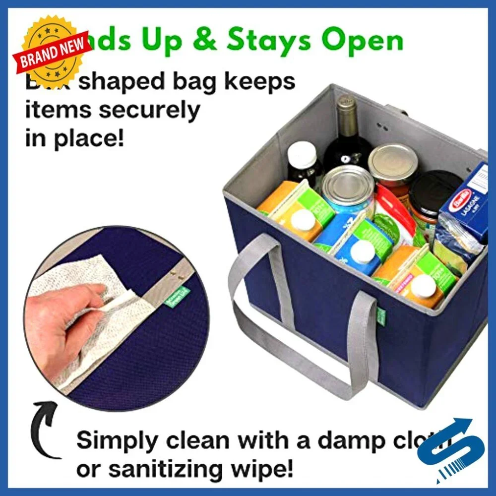 Heavy Duty Reusable Grocery Bags 3 Pack Box Shape Stands Up